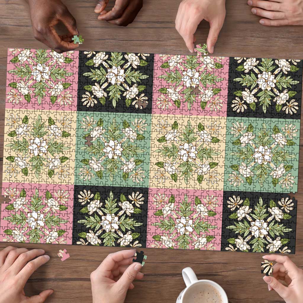 Seamless Pattern Maile and Pikake Lei Puzzle Squares Maile Leaf - Polynesian Pride