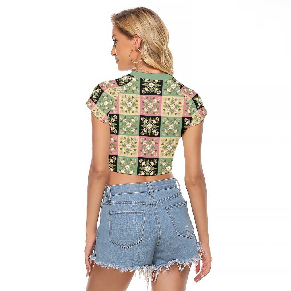 Seamless Pattern Maile and Pikake Lei Raglan Cropped T Shirt Squares Maile Leaf - Polynesian Pride