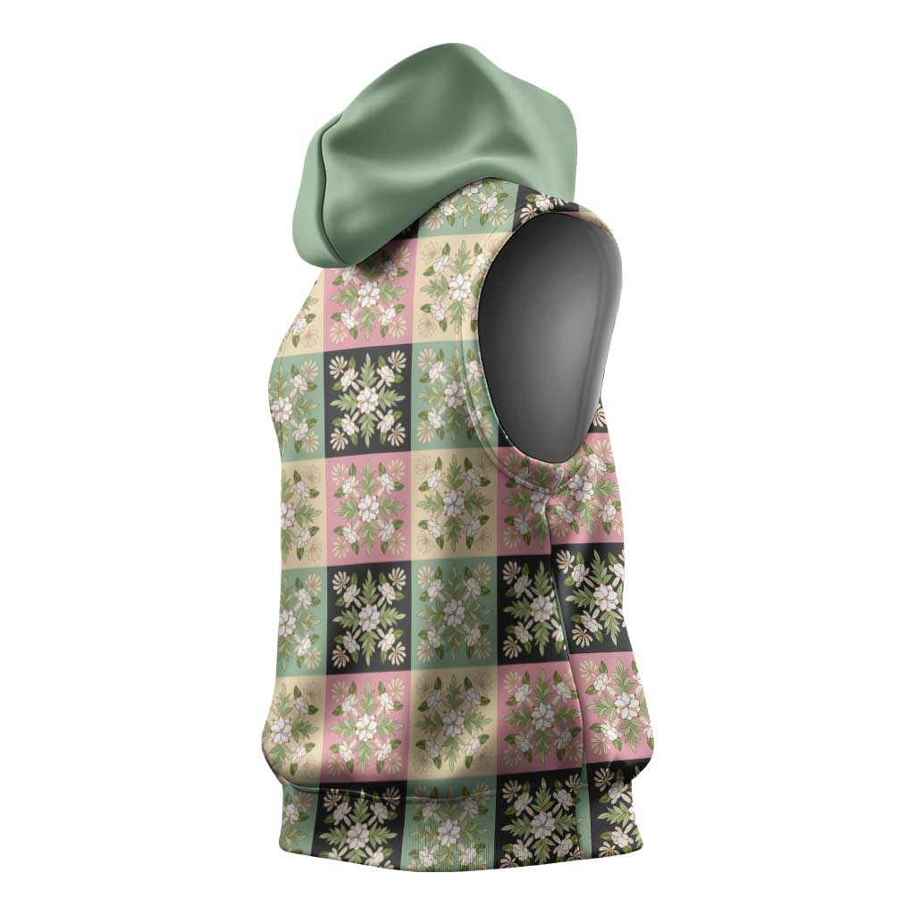 Seamless Pattern Maile and Pikake Lei Sleeveless Hoodie Squares Maile Leaf - Polynesian Pride