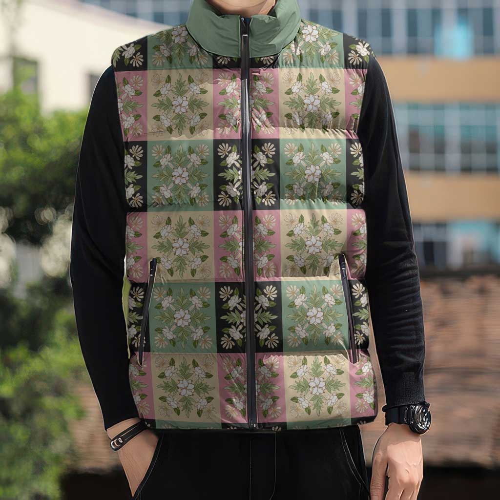 Seamless Pattern Maile and Pikake Lei Sleeveless Puffer Jacket Squares Maile Leaf - Polynesian Pride