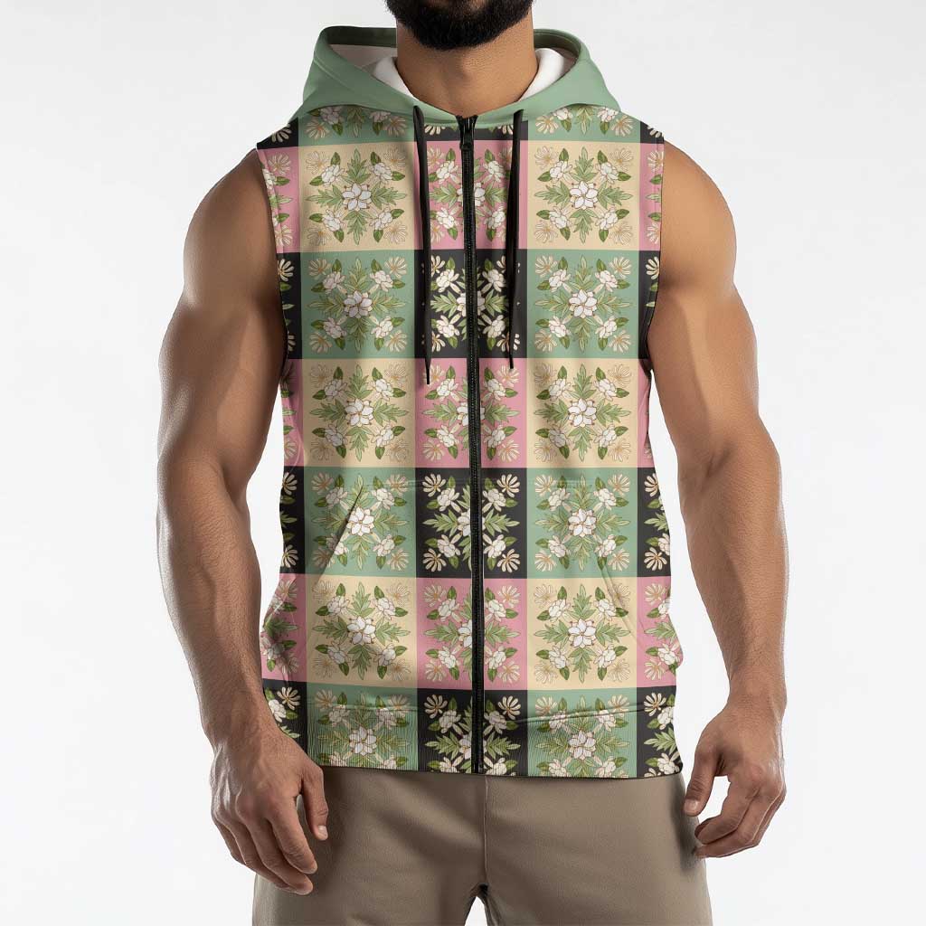 Seamless Pattern Maile and Pikake Lei Sleeveless Zip Hoodie Squares Maile Leaf - Polynesian Pride
