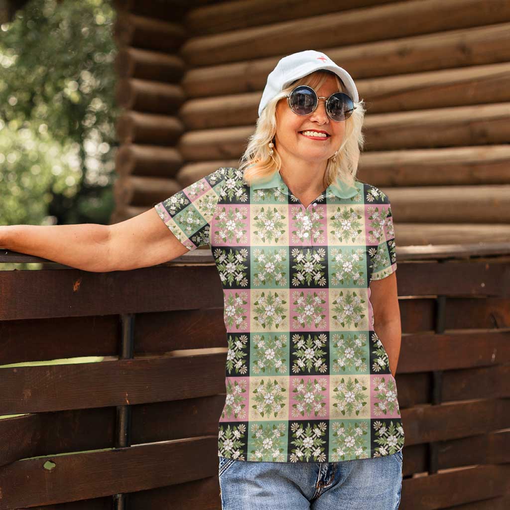 Seamless Pattern Maile and Pikake Lei Women Polo Shirt Squares Maile Leaf - Polynesian Pride