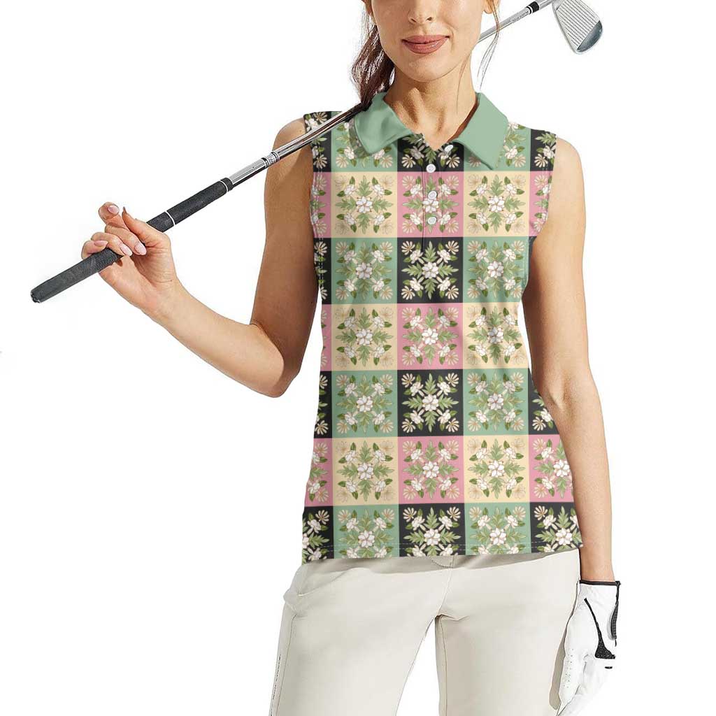Seamless Pattern Maile and Pikake Lei Women Sleeveless Polo Shirt Squares Maile Leaf - Polynesian Pride