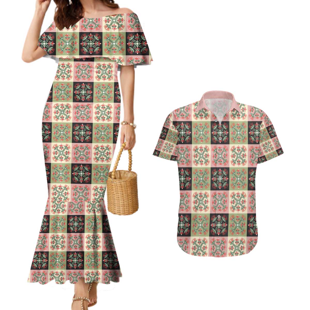 Seamless Pattern Pikake Lei Couples Matching Mermaid Dress and Hawaiian Shirt Floral Squares Pikake - Polynesian Pride