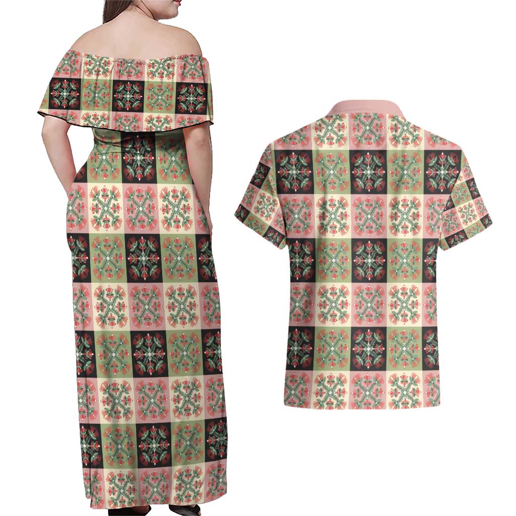 Seamless Pattern Pikake Lei Couples Matching Off Shoulder Maxi Dress and Hawaiian Shirt Floral Squares Pikake - Polynesian Pride