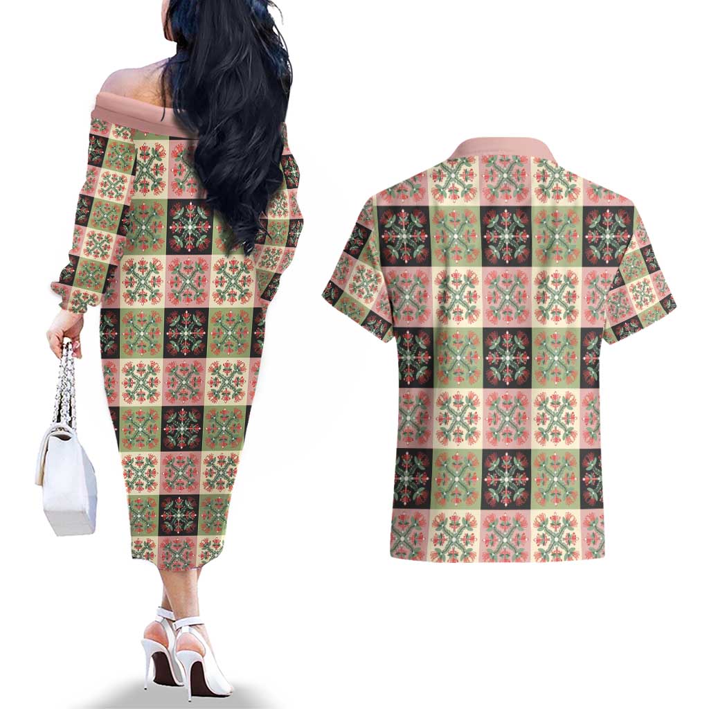 Seamless Pattern Pikake Lei Couples Matching Off The Shoulder Long Sleeve Dress and Hawaiian Shirt Floral Squares Pikake - Polynesian Pride