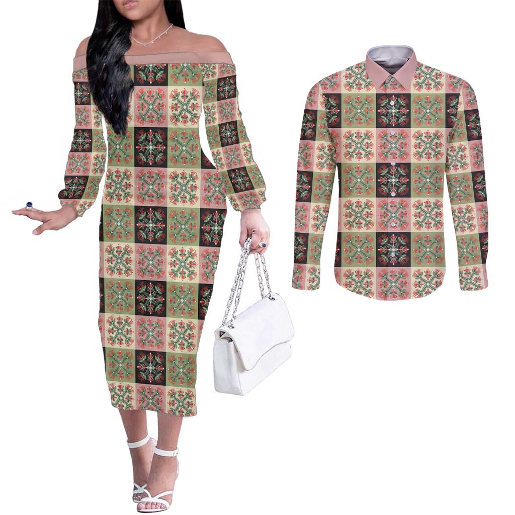Seamless Pattern Pikake Lei Couples Matching Off The Shoulder Long Sleeve Dress and Long Sleeve Button Shirt Floral Squares Pikake - Polynesian Pride