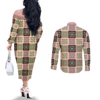 Seamless Pattern Pikake Lei Couples Matching Off The Shoulder Long Sleeve Dress and Long Sleeve Button Shirt Floral Squares Pikake - Polynesian Pride