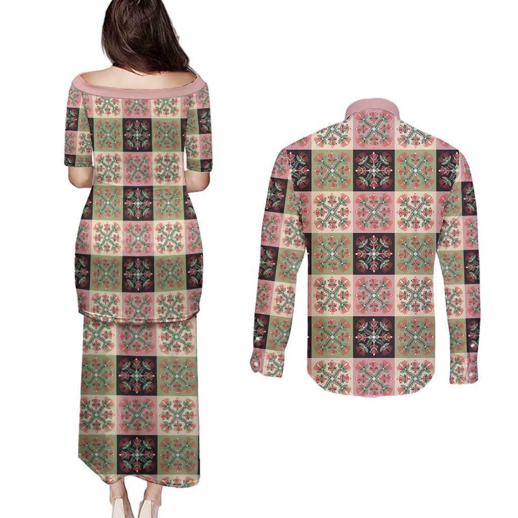 Seamless Pattern Pikake Lei Couples Matching Puletasi and Long Sleeve Button Shirt Floral Squares Pikake - Polynesian Pride