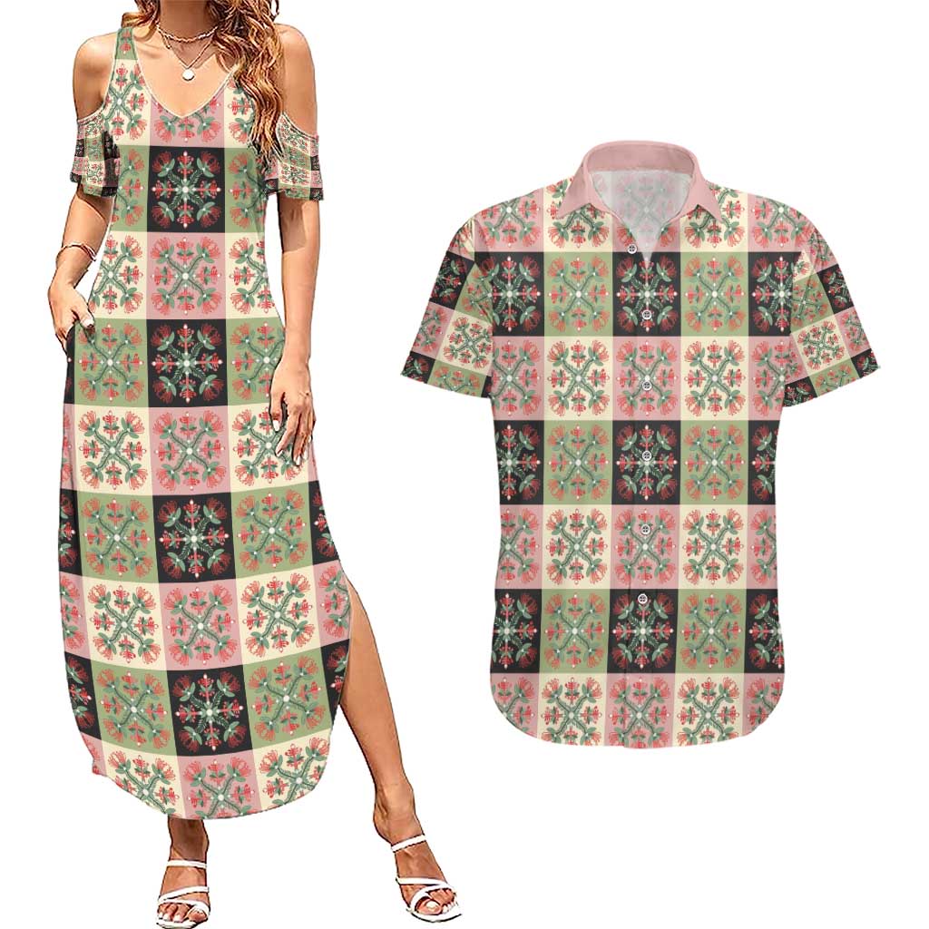 Seamless Pattern Pikake Lei Couples Matching Summer Maxi Dress and Hawaiian Shirt Floral Squares Pikake - Polynesian Pride