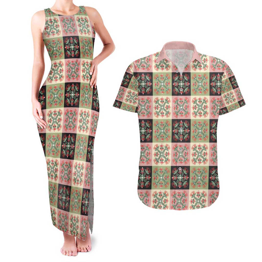 Seamless Pattern Pikake Lei Couples Matching Tank Maxi Dress and Hawaiian Shirt Floral Squares Pikake - Polynesian Pride