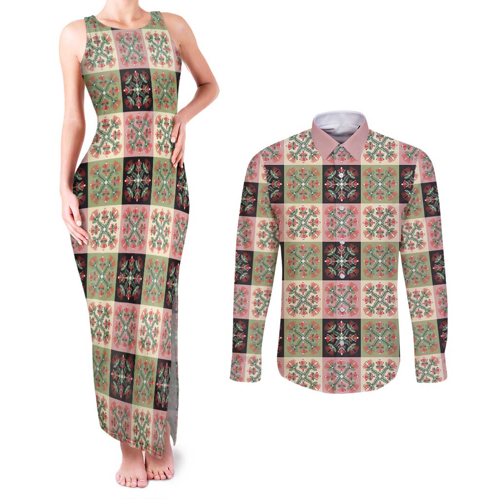 Seamless Pattern Pikake Lei Couples Matching Tank Maxi Dress and Long Sleeve Button Shirt Floral Squares Pikake - Polynesian Pride