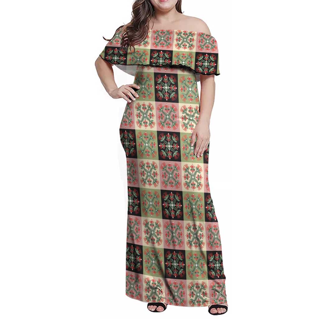 Seamless Pattern Pikake Lei Family Matching Off Shoulder Maxi Dress and Hawaiian Shirt Floral Squares Pikake - Polynesian Pride