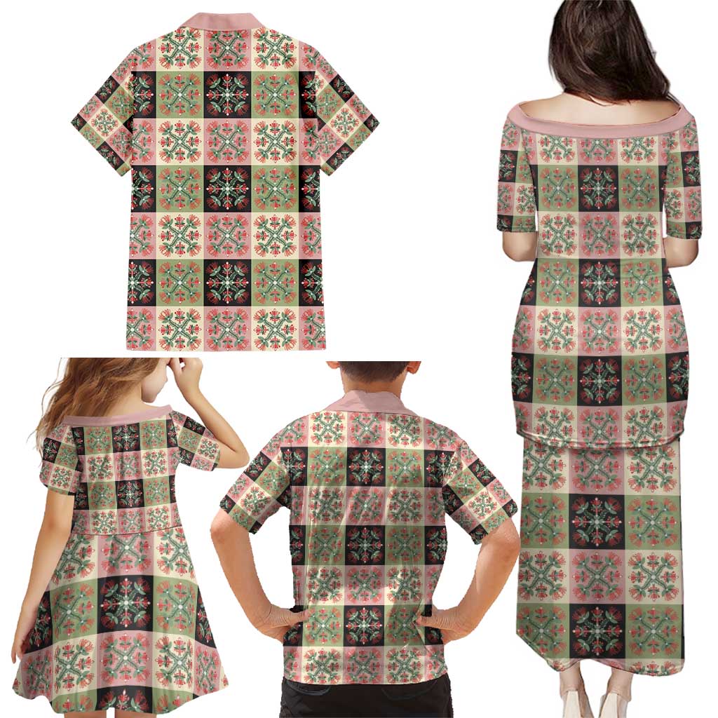 Seamless Pattern Pikake Lei Family Matching Puletasi and Hawaiian Shirt Floral Squares Pikake - Polynesian Pride