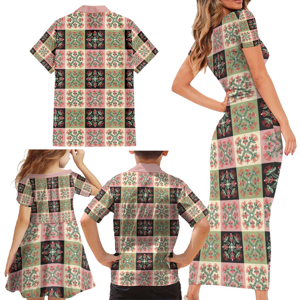 Seamless Pattern Pikake Lei Family Matching Short Sleeve Bodycon Dress and Hawaiian Shirt Floral Squares Pikake - Polynesian Pride