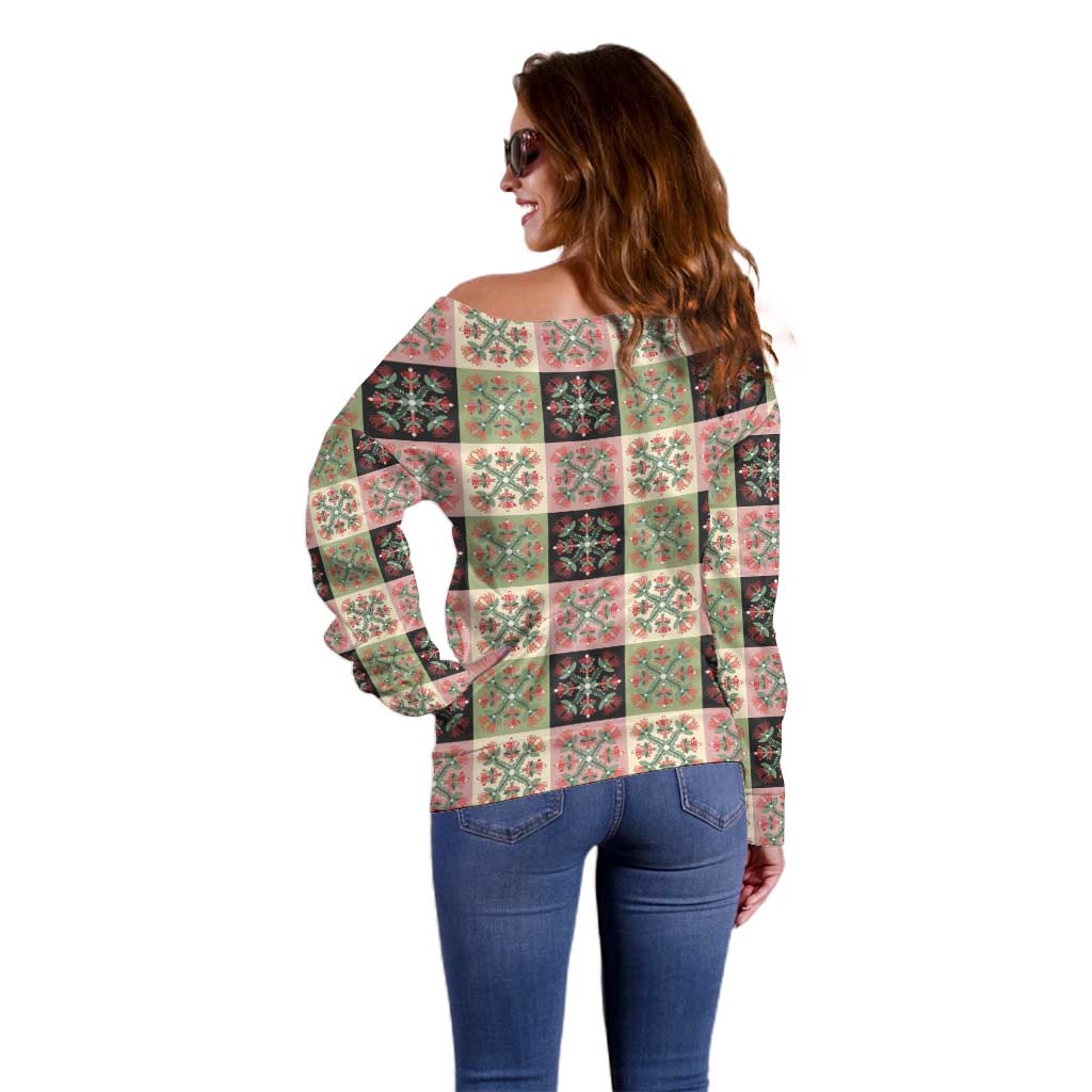 Seamless Pattern Pikake Lei Off Shoulder Sweater Floral Squares Pikake - Polynesian Pride