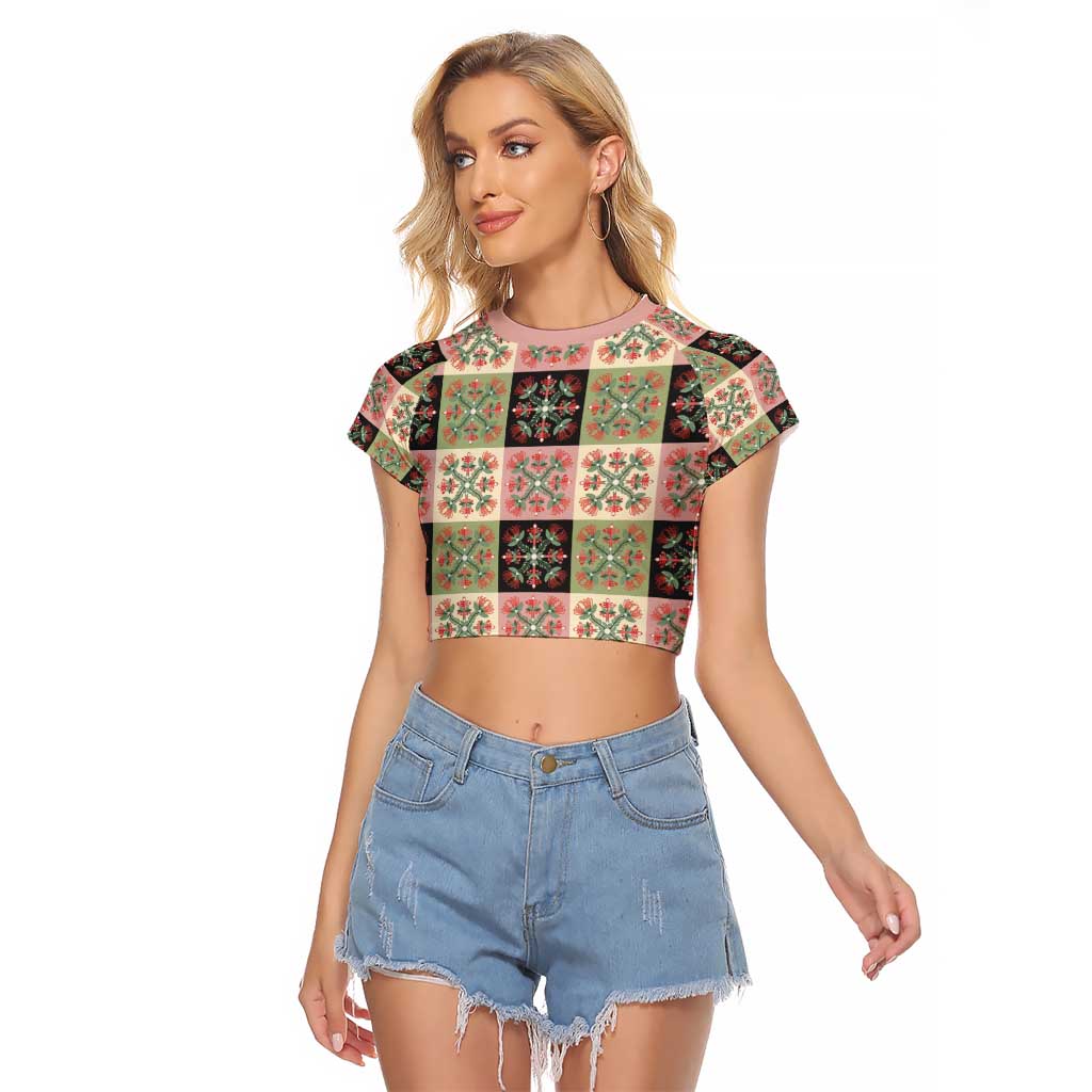 Seamless Pattern Pikake Lei Raglan Cropped T Shirt Floral Squares Pikake - Polynesian Pride