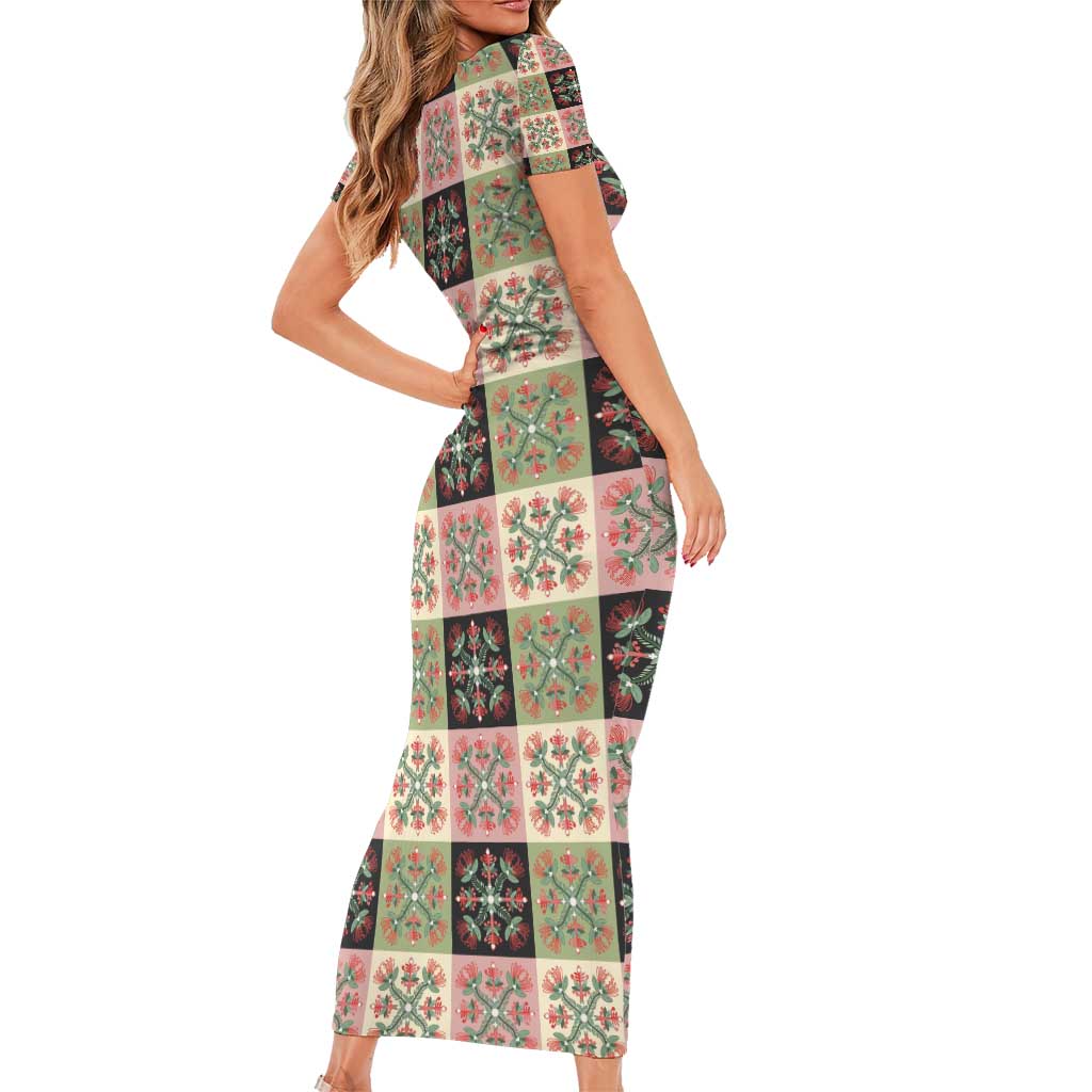 Seamless Pattern Pikake Lei Short Sleeve Bodycon Dress Floral Squares Pikake - Polynesian Pride