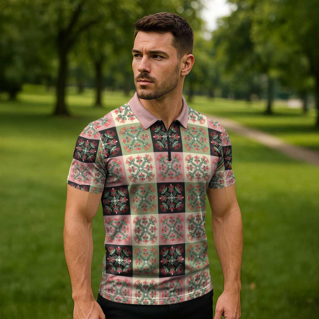 Seamless Pattern Pikake Lei Zipper Polo Shirt Floral Squares Pikake - Polynesian Pride
