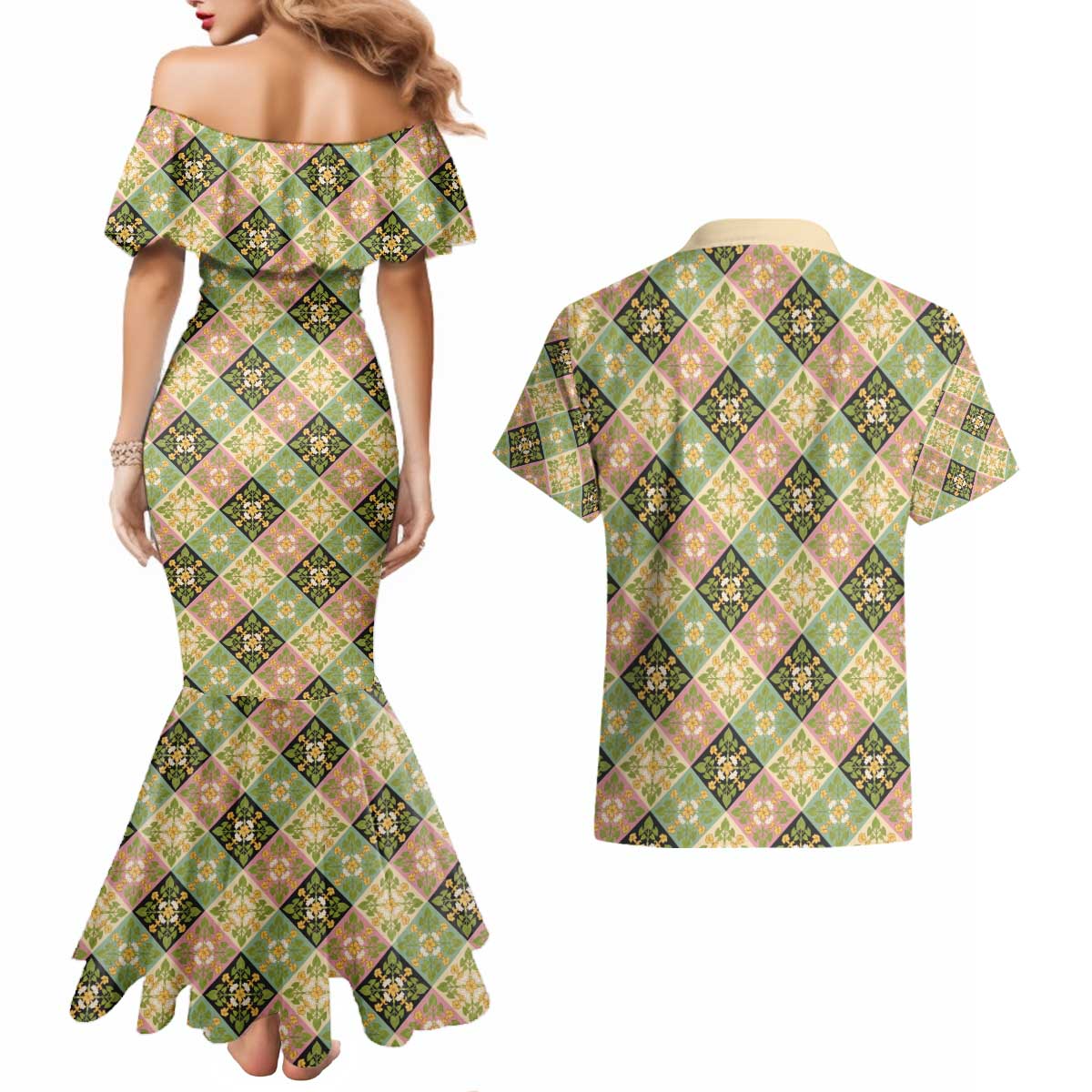 Seamless Pattern Puakenikeni and Kalo Couples Matching Mermaid Dress and Hawaiian Shirt - Polynesian Pride