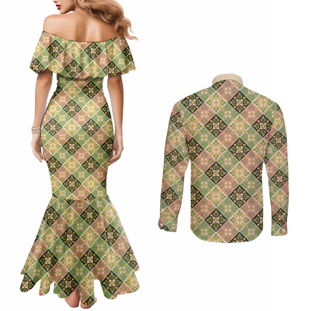 Seamless Pattern Puakenikeni and Kalo Couples Matching Mermaid Dress and Long Sleeve Button Shirt - Polynesian Pride