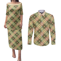 Seamless Pattern Puakenikeni and Kalo Couples Matching Puletasi and Long Sleeve Button Shirt - Polynesian Pride