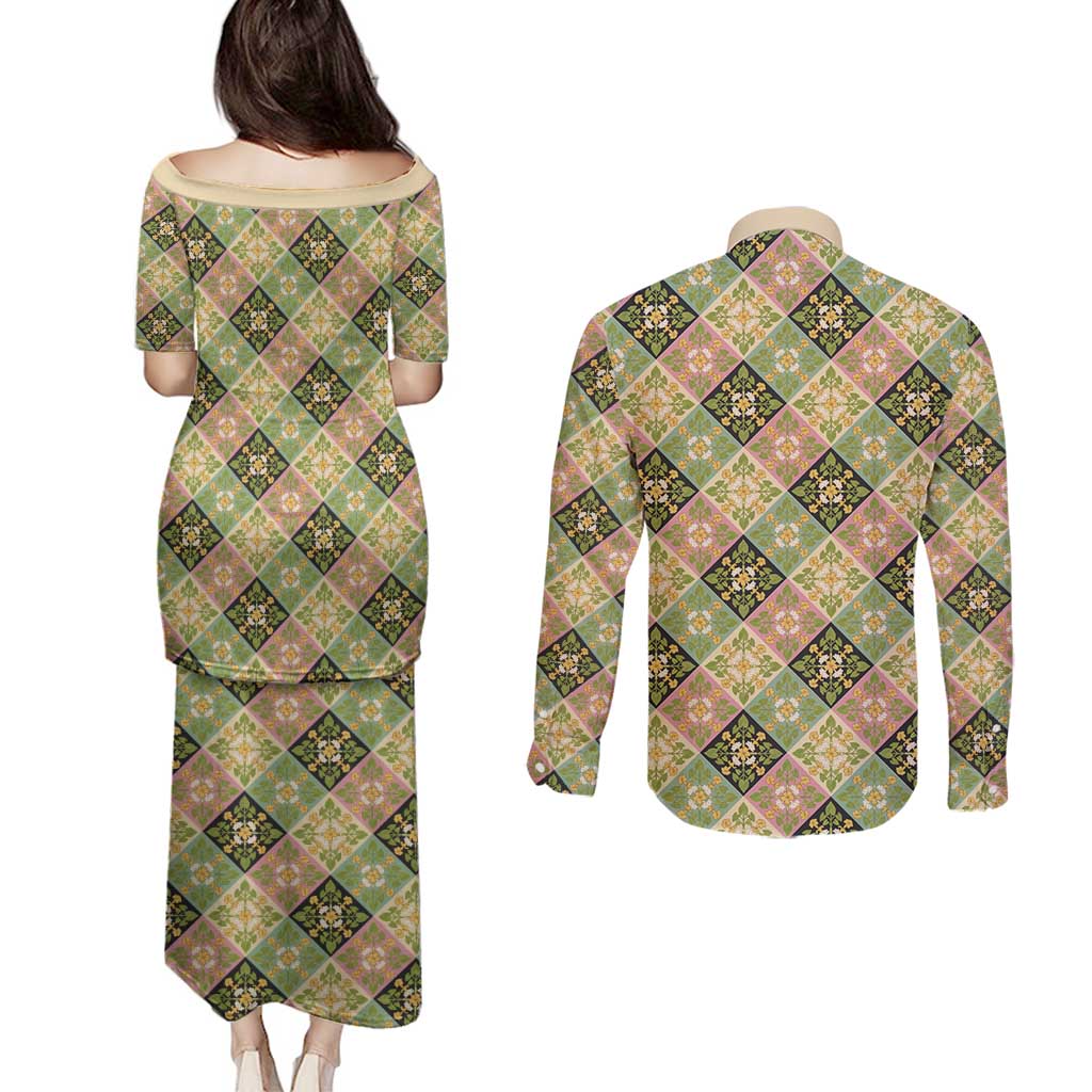 Seamless Pattern Puakenikeni and Kalo Couples Matching Puletasi and Long Sleeve Button Shirt - Polynesian Pride