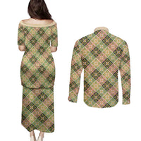 Seamless Pattern Puakenikeni and Kalo Couples Matching Puletasi and Long Sleeve Button Shirt - Polynesian Pride