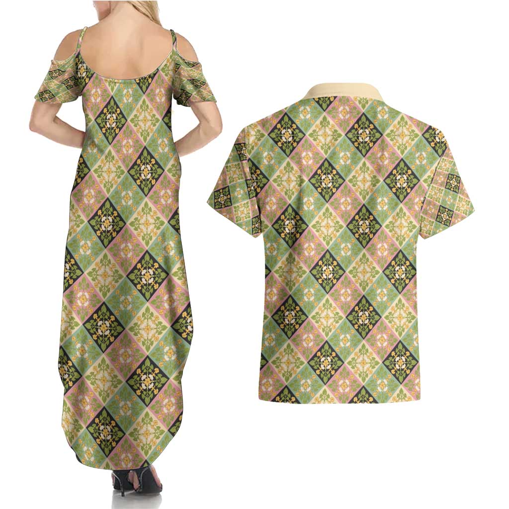 Seamless Pattern Puakenikeni and Kalo Couples Matching Summer Maxi Dress and Hawaiian Shirt - Polynesian Pride