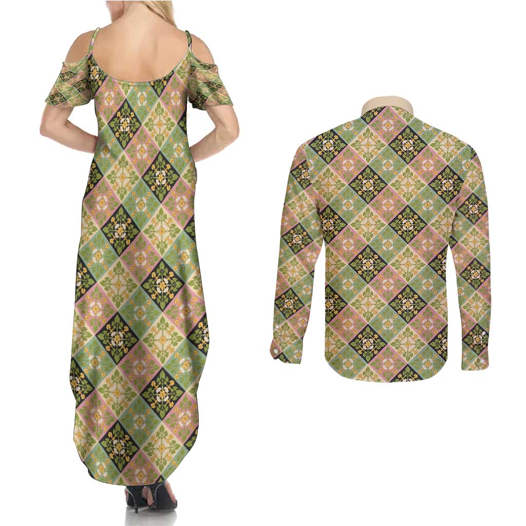 Seamless Pattern Puakenikeni and Kalo Couples Matching Summer Maxi Dress and Long Sleeve Button Shirt - Polynesian Pride