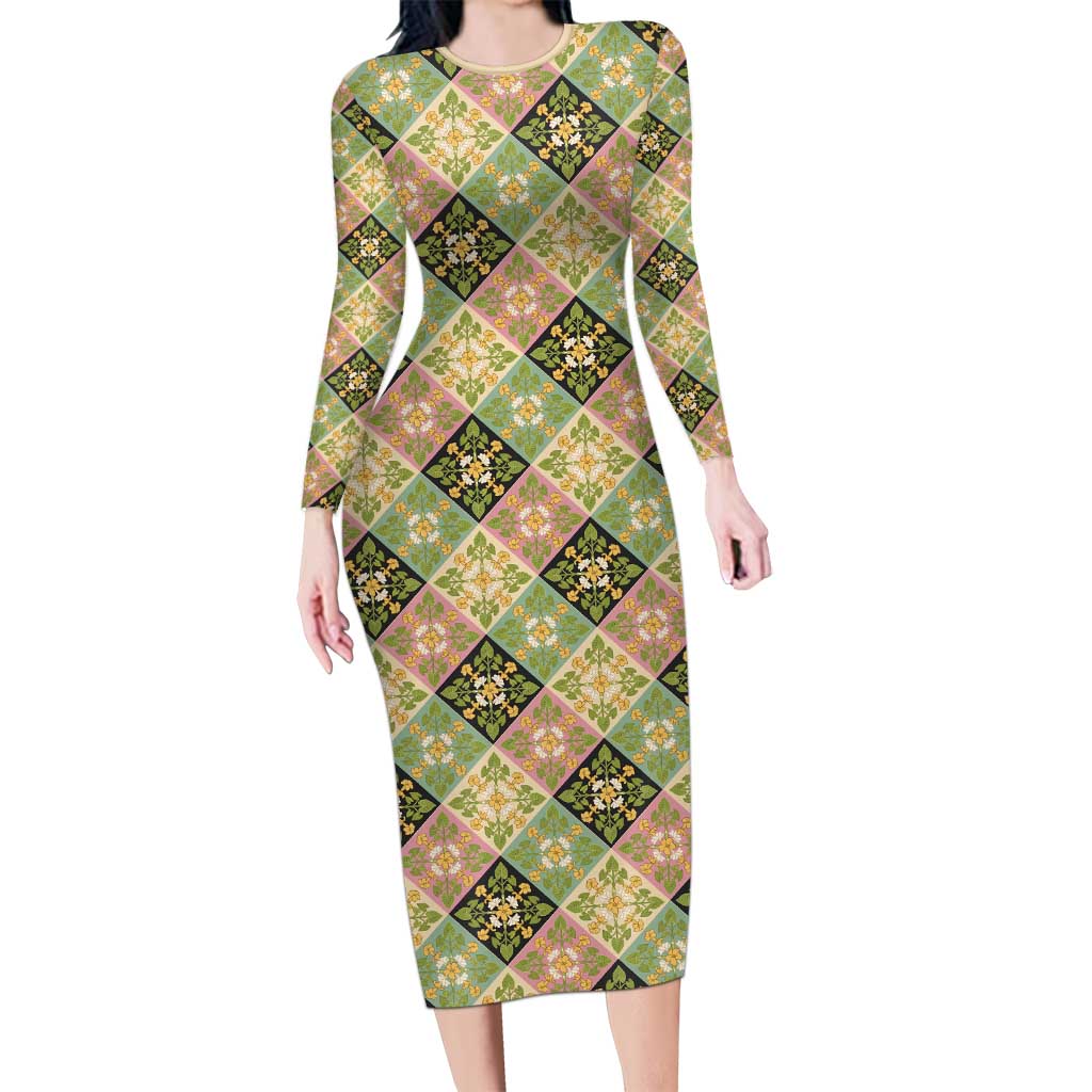 Seamless Pattern Puakenikeni and Kalo Family Matching Long Sleeve Bodycon Dress and Hawaiian Shirt LT9 Mom's Dress Beige - Polynesian Pride