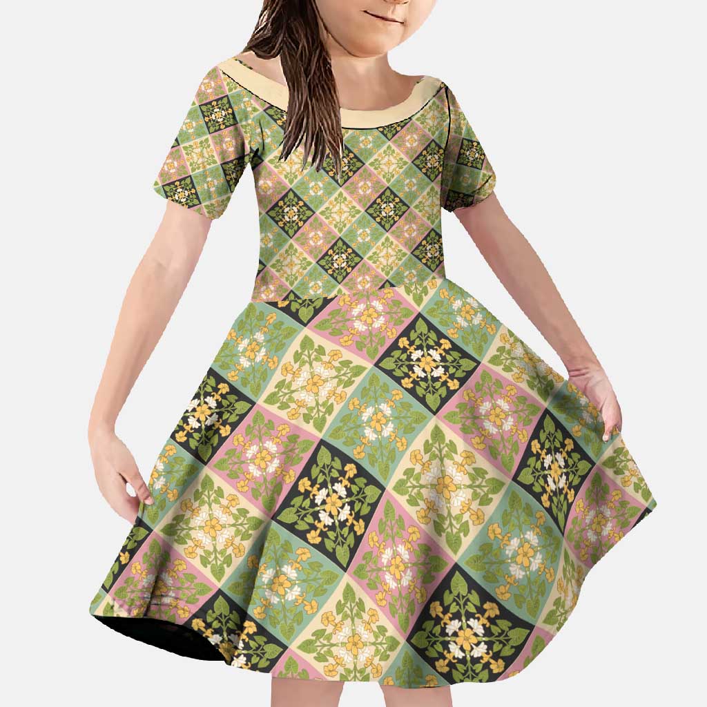 Seamless Pattern Puakenikeni and Kalo Family Matching Mermaid Dress and Hawaiian Shirt LT9 Daughter's Dress Beige - Polynesian Pride