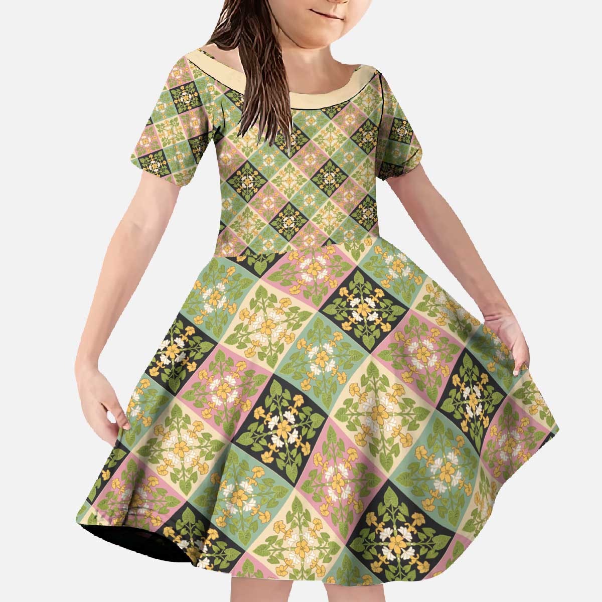 Seamless Pattern Puakenikeni and Kalo Family Matching Off The Shoulder Long Sleeve Dress and Hawaiian Shirt LT9 Daughter's Dress Beige - Polynesian Pride