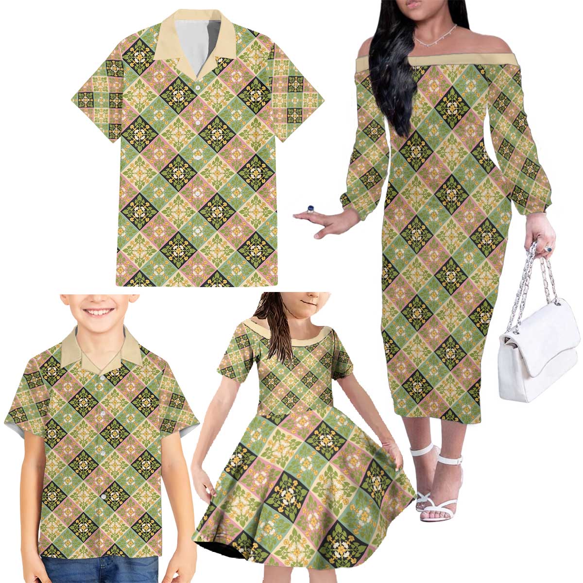 Seamless Pattern Puakenikeni and Kalo Family Matching Off The Shoulder Long Sleeve Dress and Hawaiian Shirt LT9 - Polynesian Pride
