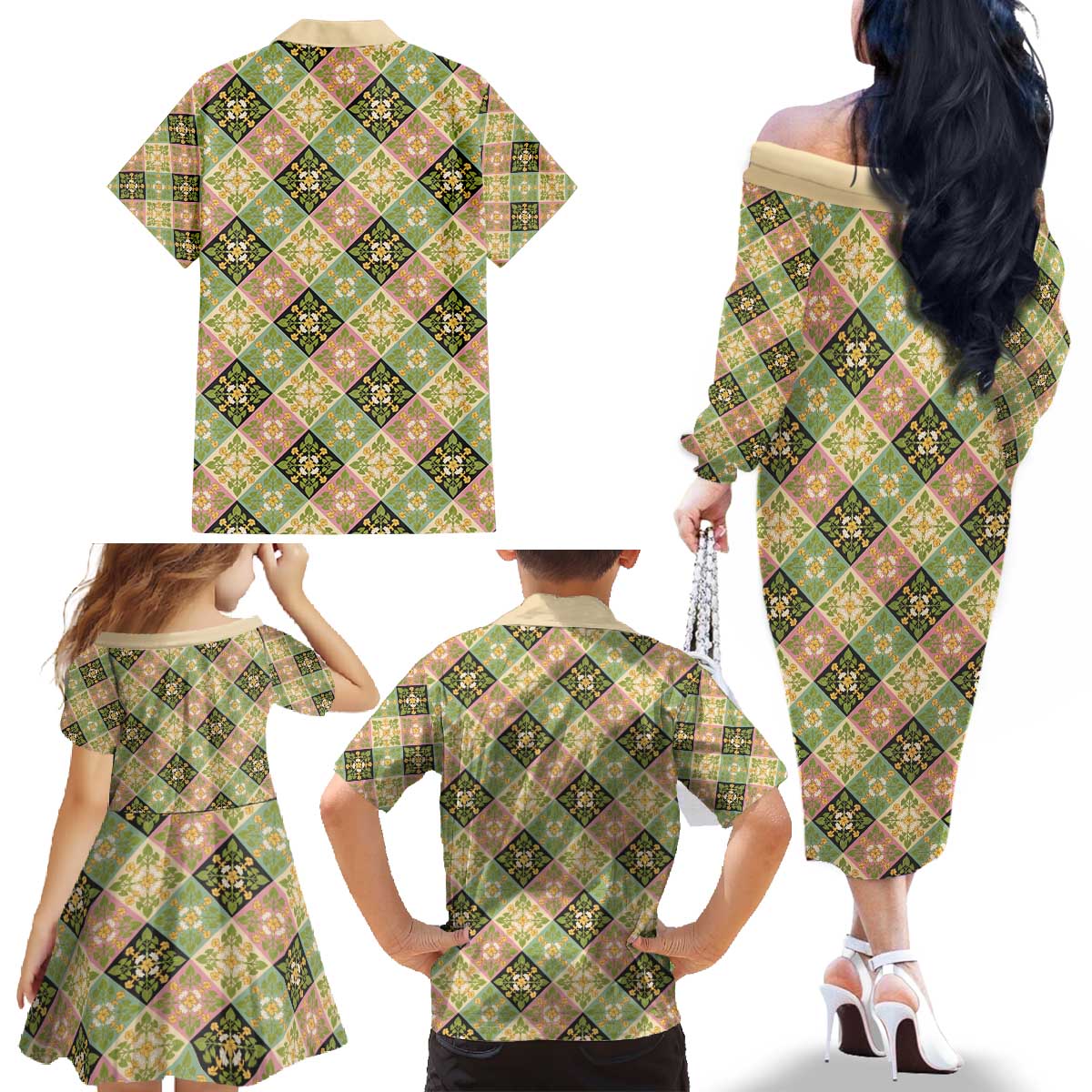 Seamless Pattern Puakenikeni and Kalo Family Matching Off The Shoulder Long Sleeve Dress and Hawaiian Shirt LT9 - Polynesian Pride
