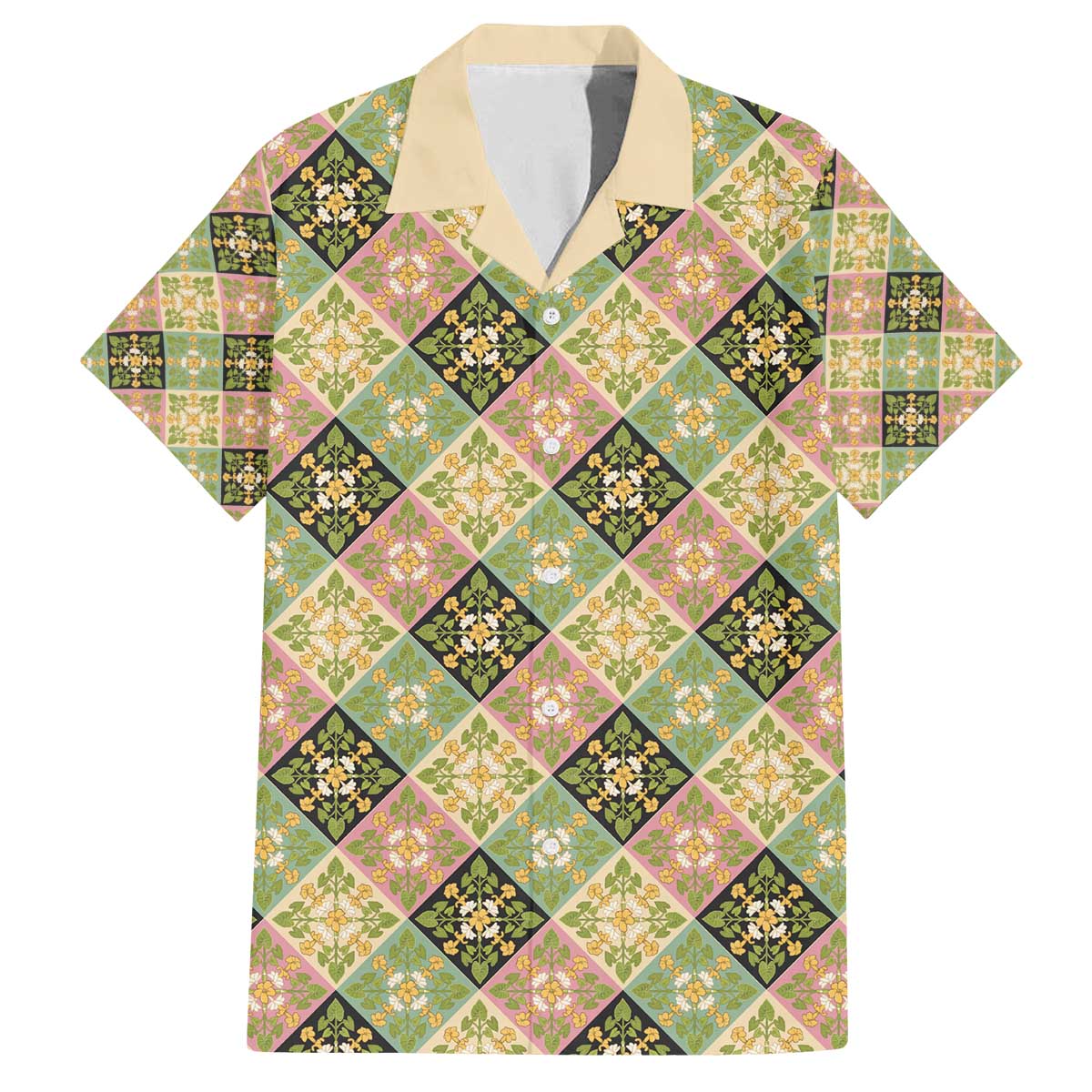 Seamless Pattern Puakenikeni and Kalo Family Matching Off The Shoulder Long Sleeve Dress and Hawaiian Shirt LT9 Dad's Shirt - Short Sleeve Beige - Polynesian Pride