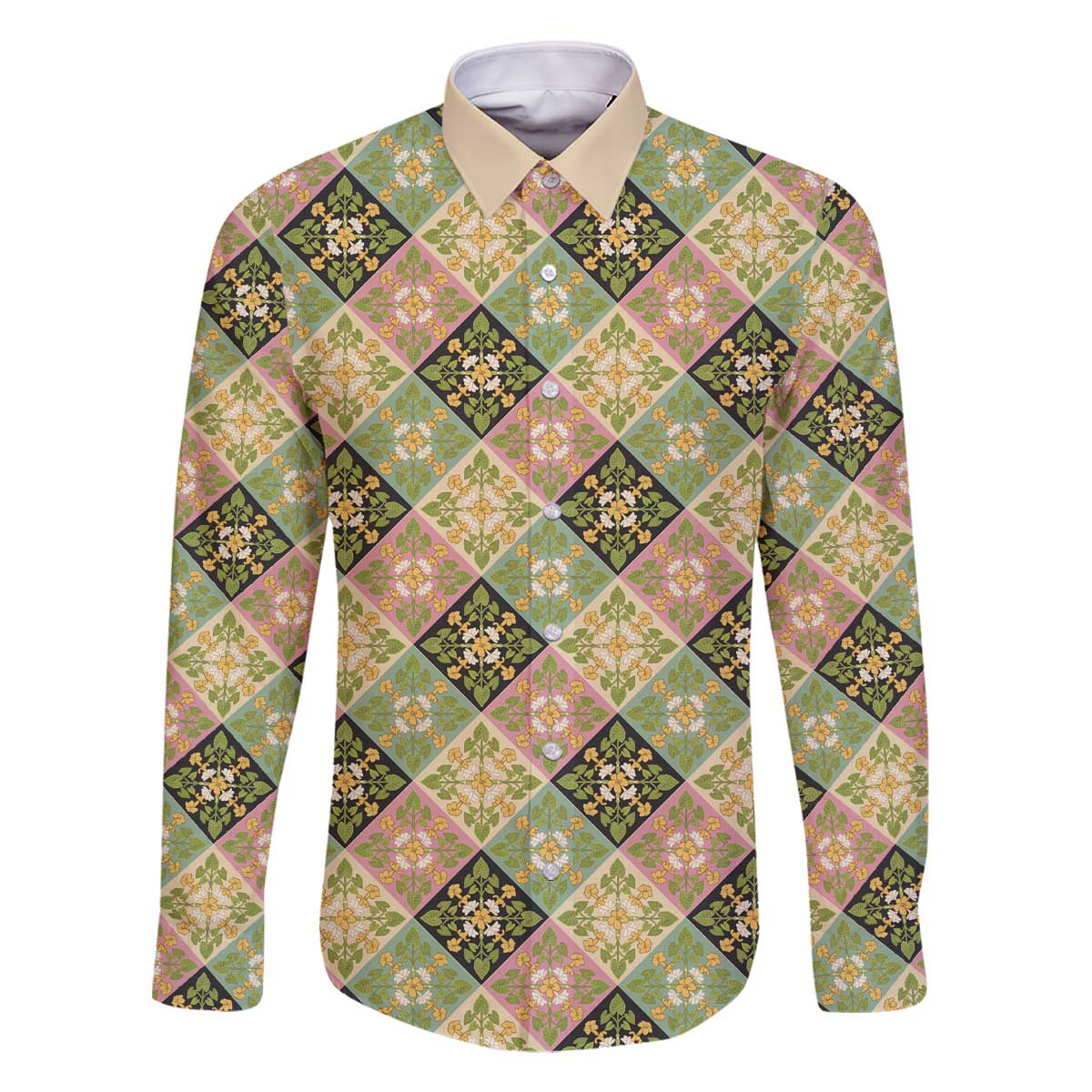 Seamless Pattern Puakenikeni and Kalo Family Matching Off The Shoulder Long Sleeve Dress and Hawaiian Shirt LT9 Dad's Shirt - Long Sleeve Beige - Polynesian Pride