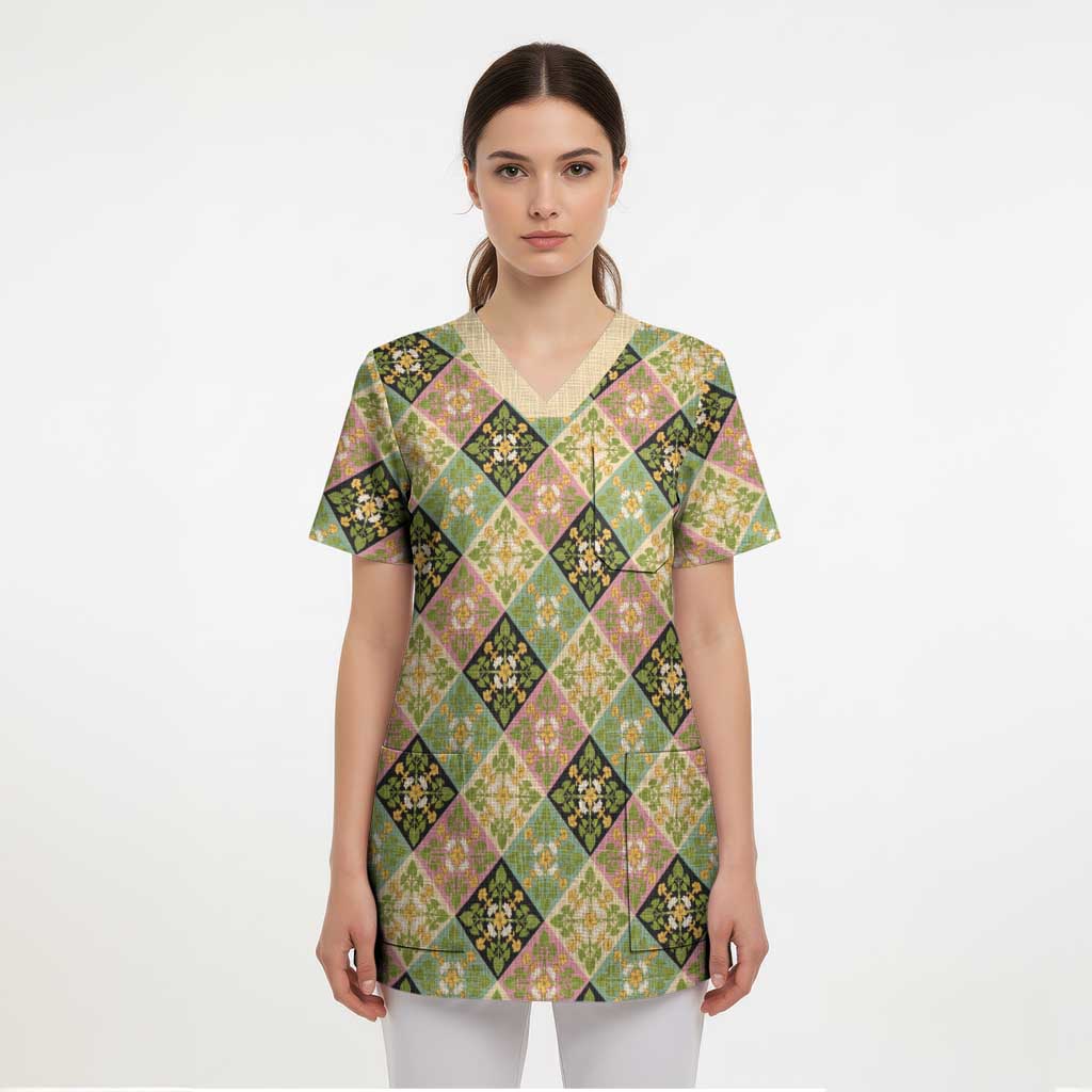 Seamless Pattern Puakenikeni and Kalo Scrub Top - Polynesian Pride