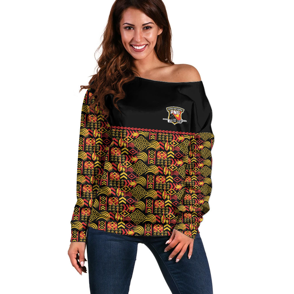 Papua New Guinea Kumuls Off Shoulder Sweater Bird of Paradise Black Version LT9 Women Black - Polynesian Pride