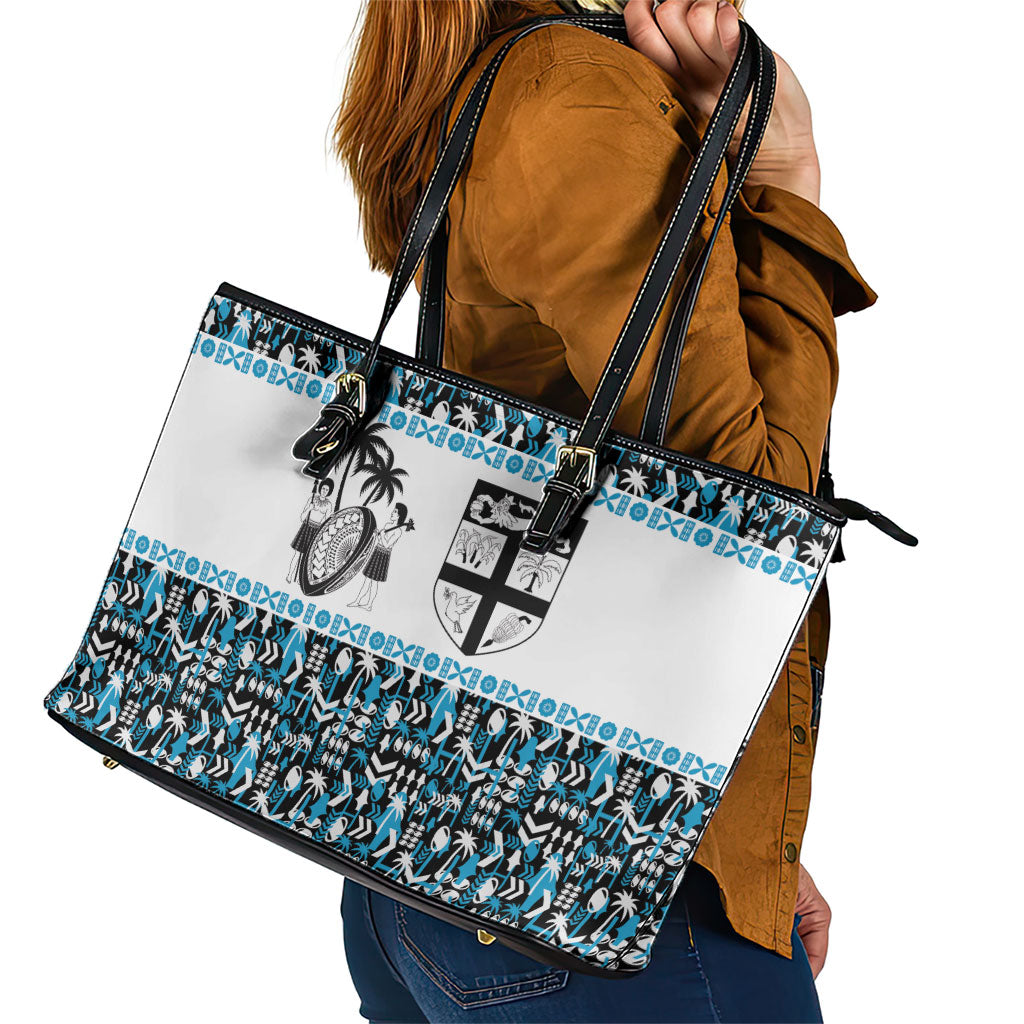 Fiji Bati Leather Tote Bag Bati Island Warrior Geometry LT9 - Polynesian Pride