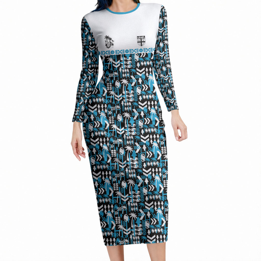 Fiji Bati Long Sleeve Bodycon Dress Bati Island Warrior Geometry LT9 Long Dress Blue - Polynesian Pride