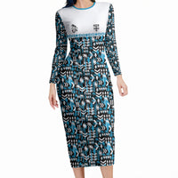 Fiji Bati Long Sleeve Bodycon Dress Bati Island Warrior Geometry LT9 Long Dress Blue - Polynesian Pride