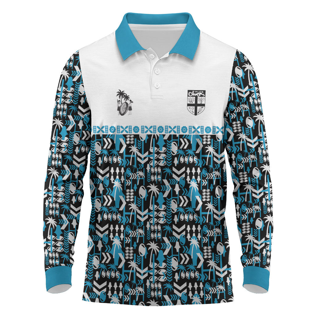 Fiji Bati Long Sleeve Polo Shirt Bati Island Warrior Geometry LT9 Blue - Polynesian Pride
