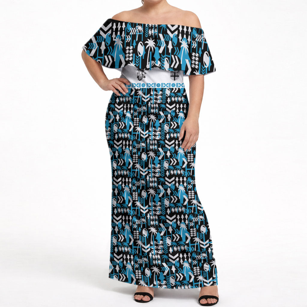 Fiji Bati Off Shoulder Maxi Dress Bati Island Warrior Geometry LT9 Women Blue - Polynesian Pride