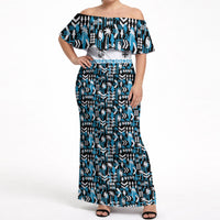 Fiji Bati Off Shoulder Maxi Dress Bati Island Warrior Geometry LT9 Women Blue - Polynesian Pride