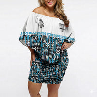 Fiji Bati Off Shoulder Short Dress Bati Island Warrior Geometry LT9 Women Blue - Polynesian Pride