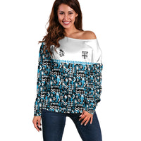 Fiji Bati Off Shoulder Sweater Bati Island Warrior Geometry LT9 Women Blue - Polynesian Pride