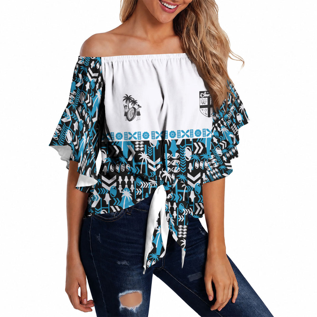 Fiji Bati Off Shoulder Wrap Waist Top Bati Island Warrior Geometry