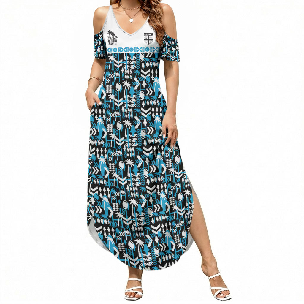 Fiji Bati Summer Maxi Dress Bati Island Warrior Geometry LT9 Women Blue - Polynesian Pride