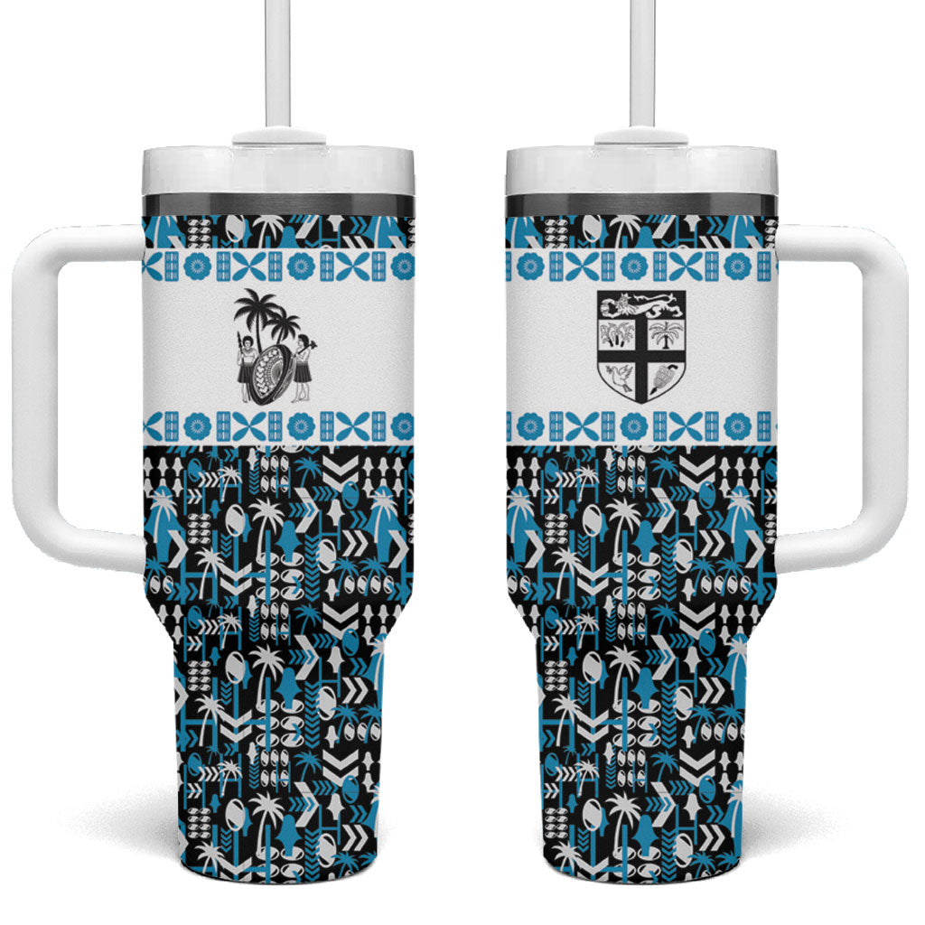 Fiji Bati Tumbler With Handle Bati Island Warrior Geometry LT9 One Size: 40 oz Blue - Polynesian Pride